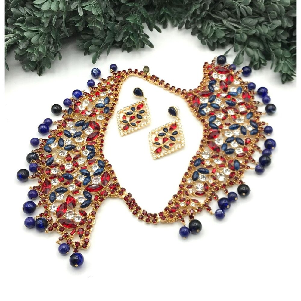 Vintage Gold Tone Crystal & Beaded Collar Necklace & Earrings Set by Scaasi